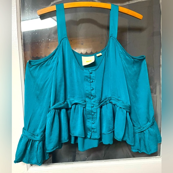 Anthropologie (Maeve) Teal Cold Shoulder Blouse - Picture 3 of 5